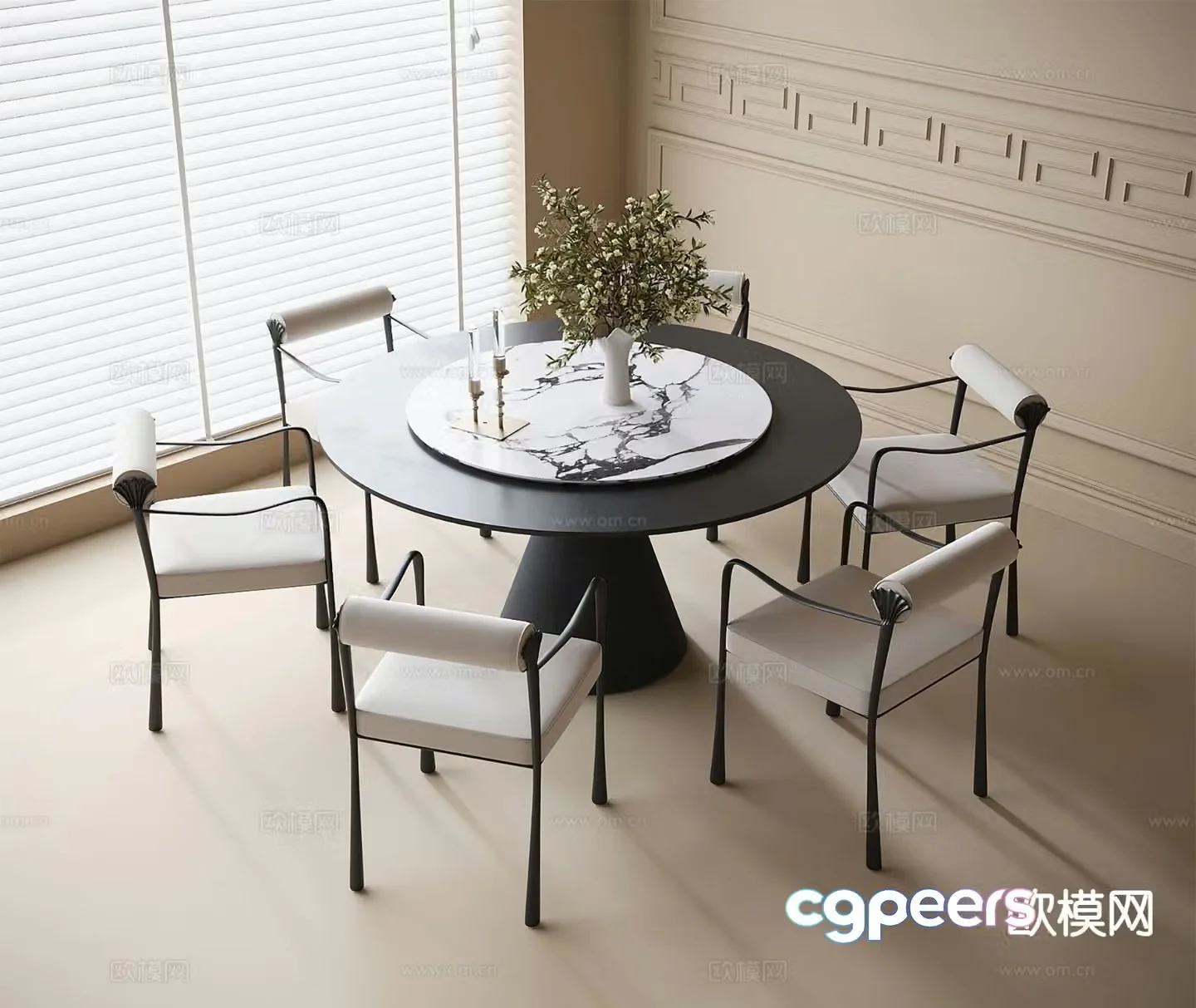 Modern dining table and chairs Round dining table 3d model