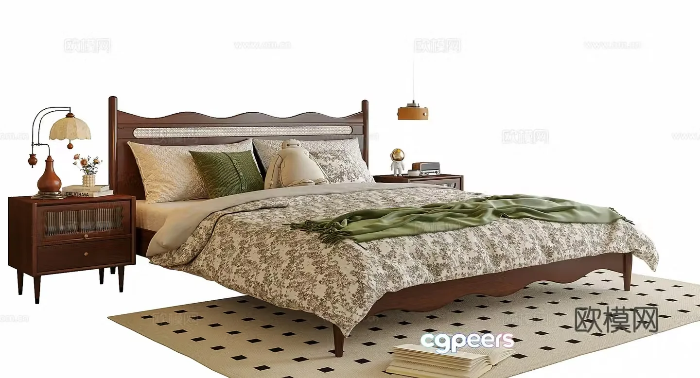 French double bed nightstand bedside chandeliers 3d model