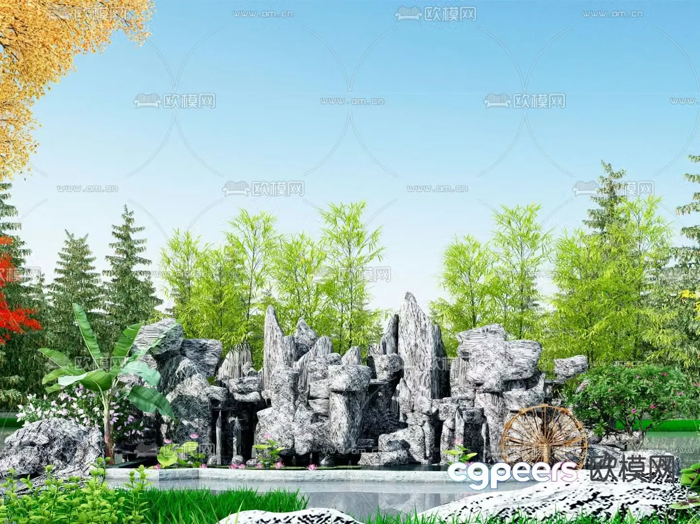 New Chinese style rockery waterfall and flowing water lotus pond 3D model