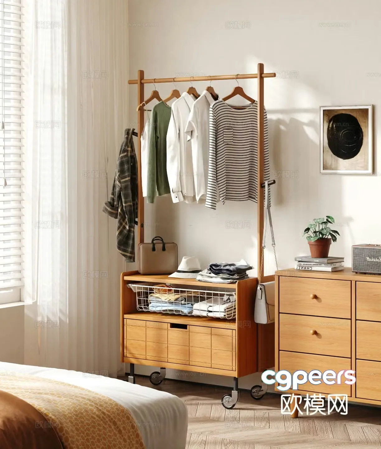 Log style clothes hanger coat rack floor-standing clothes hanger 3D model