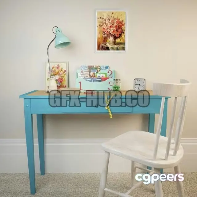 3ds Max Free – Decoration set (chair, writing desk, painting, table lamp, clock)