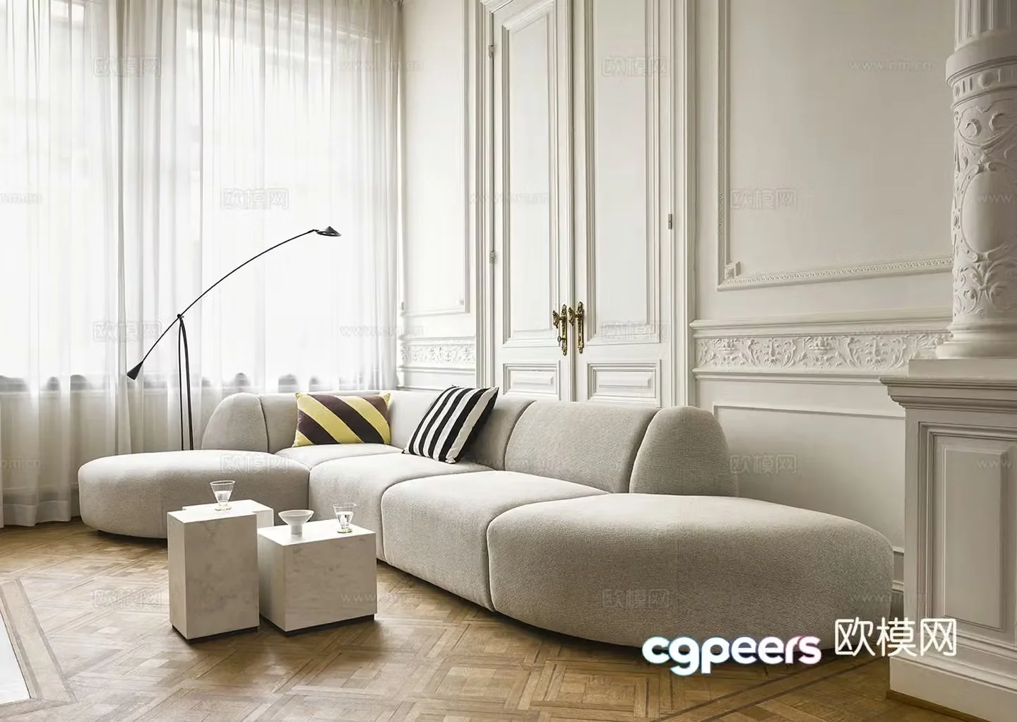 Cream style multi-person sofa corner sofa 3d model