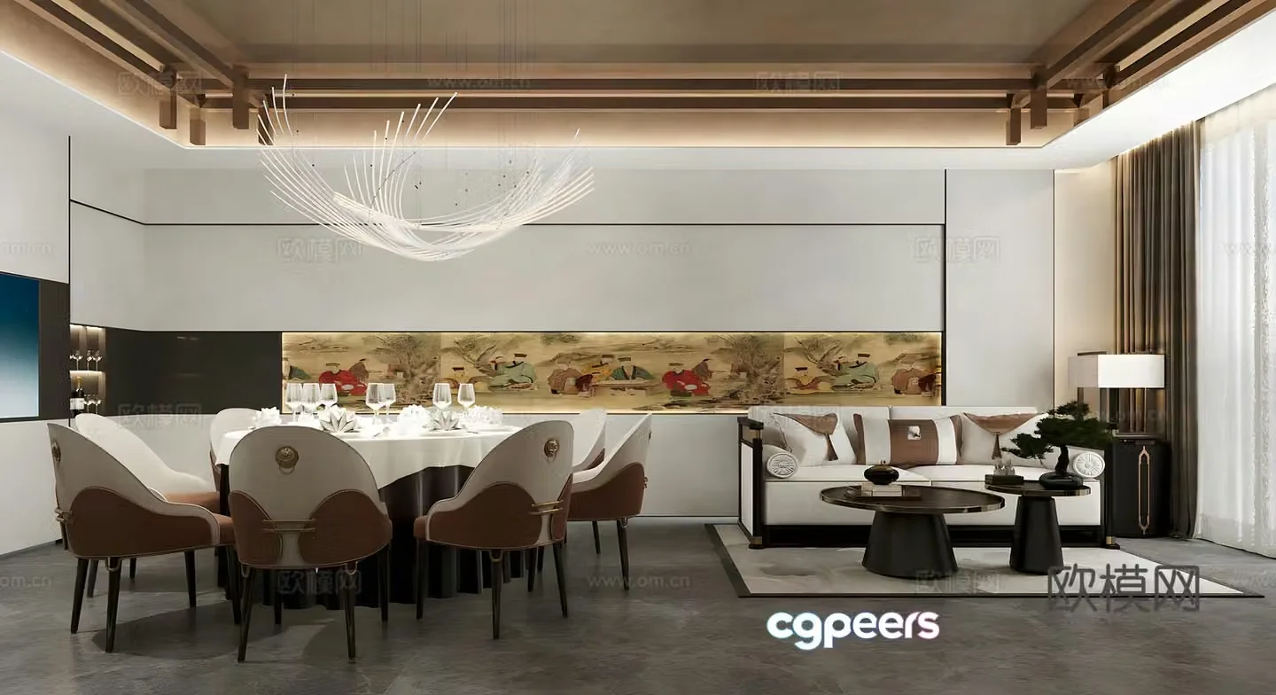 New Chinese-style private room Restaurant private room Dining table and chair combination Chandelier Sofa coffee table combination 3D model