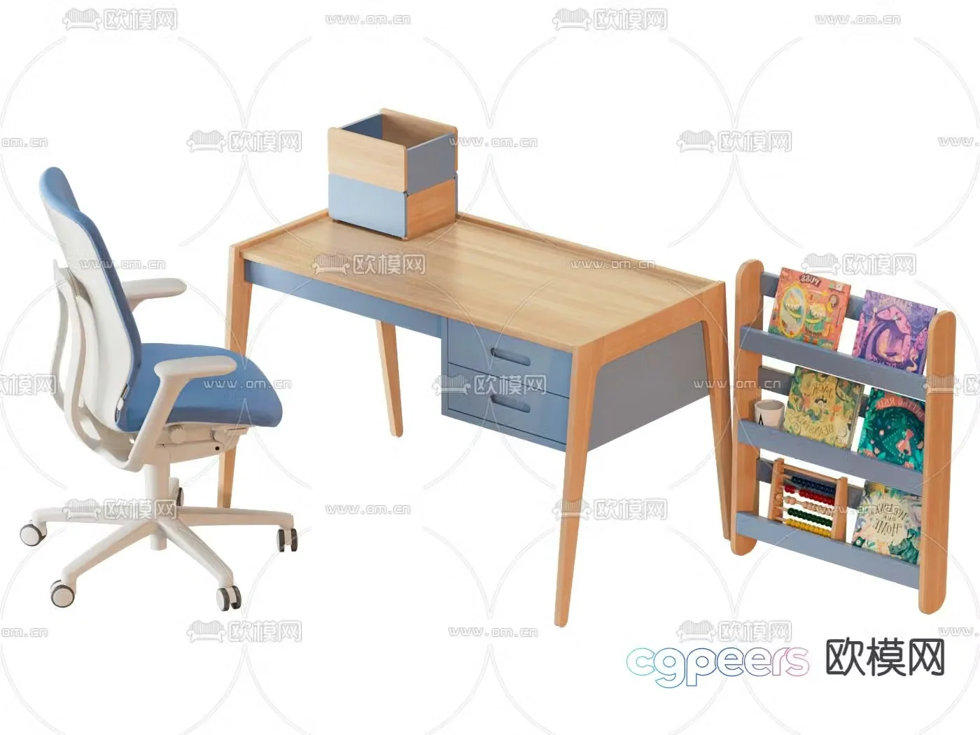Children’s desk study table bookshelf 3d model