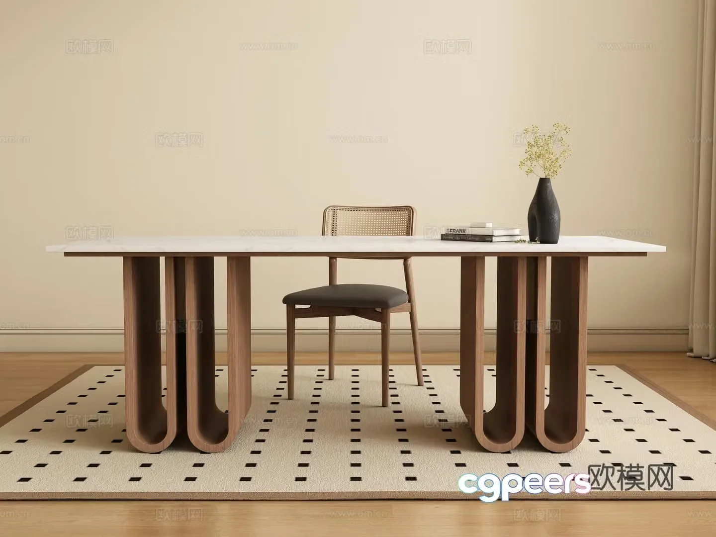 Medium style long dining table and chair 3D model