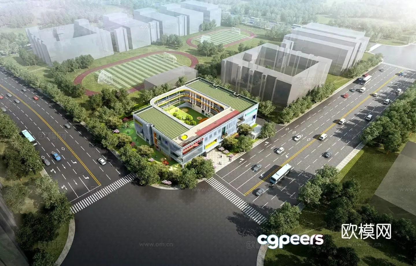 Modern kindergarten aerial view 3d model