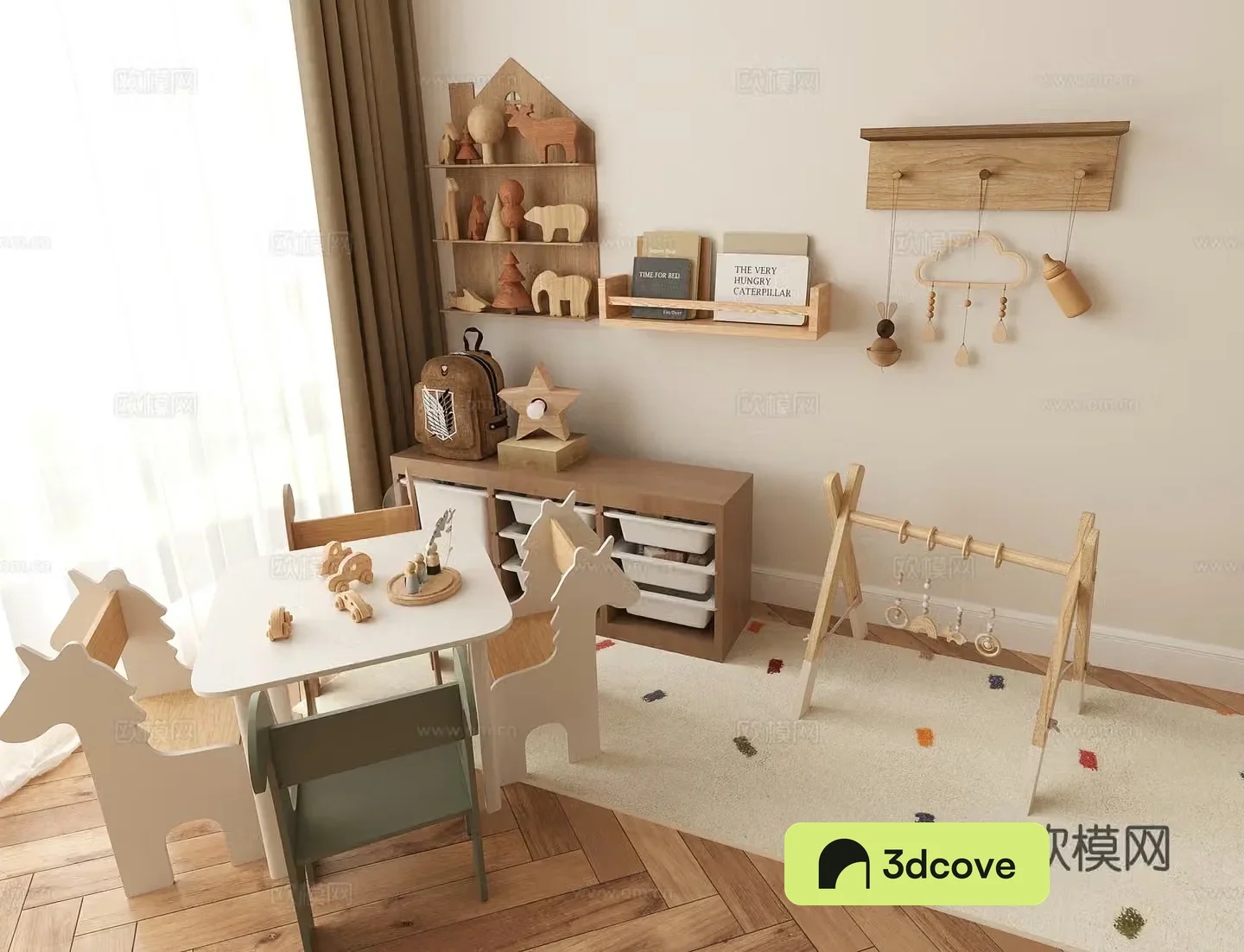 Modern children’s toy room Storage cabinet Decoration cabinet Storage rack Decoration rack Table and chair combination Floor