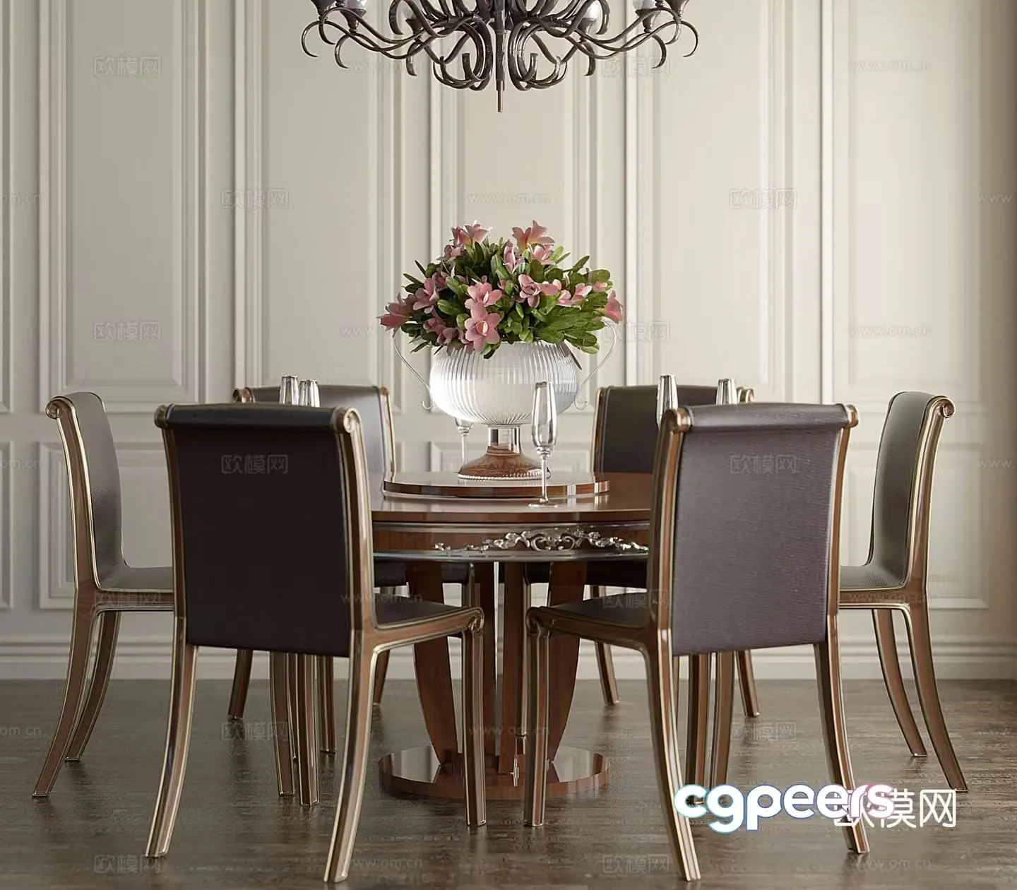 European round dining table and chairs 3d model