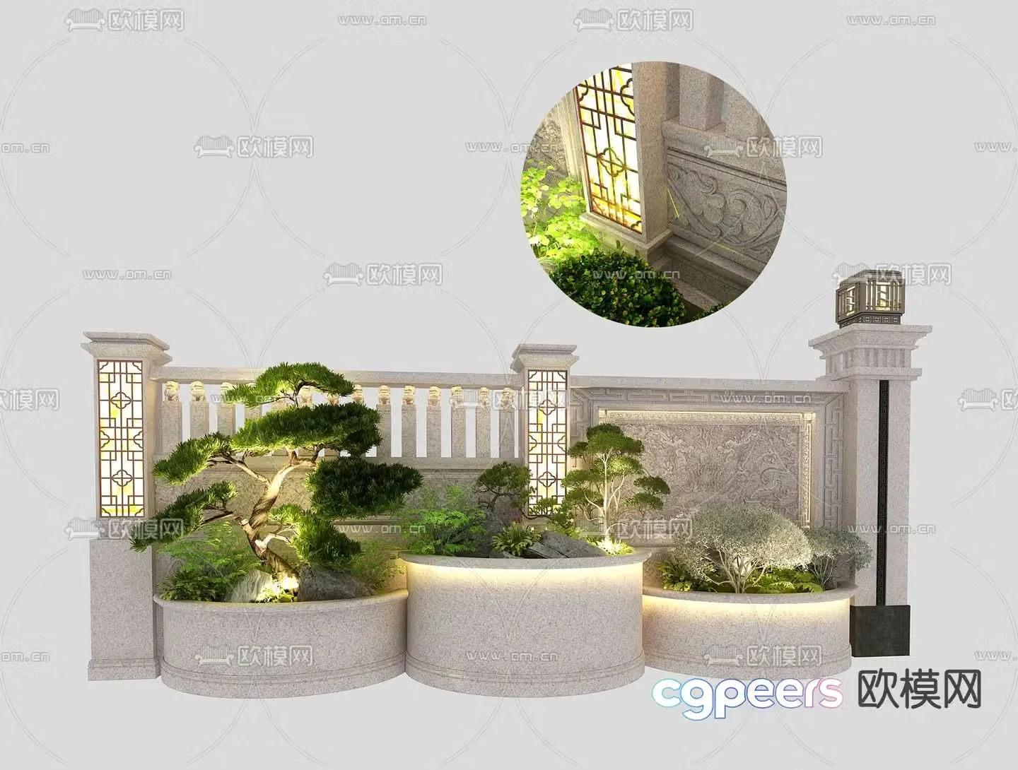 New Chinese style gate fence landscape sketch 3D model
