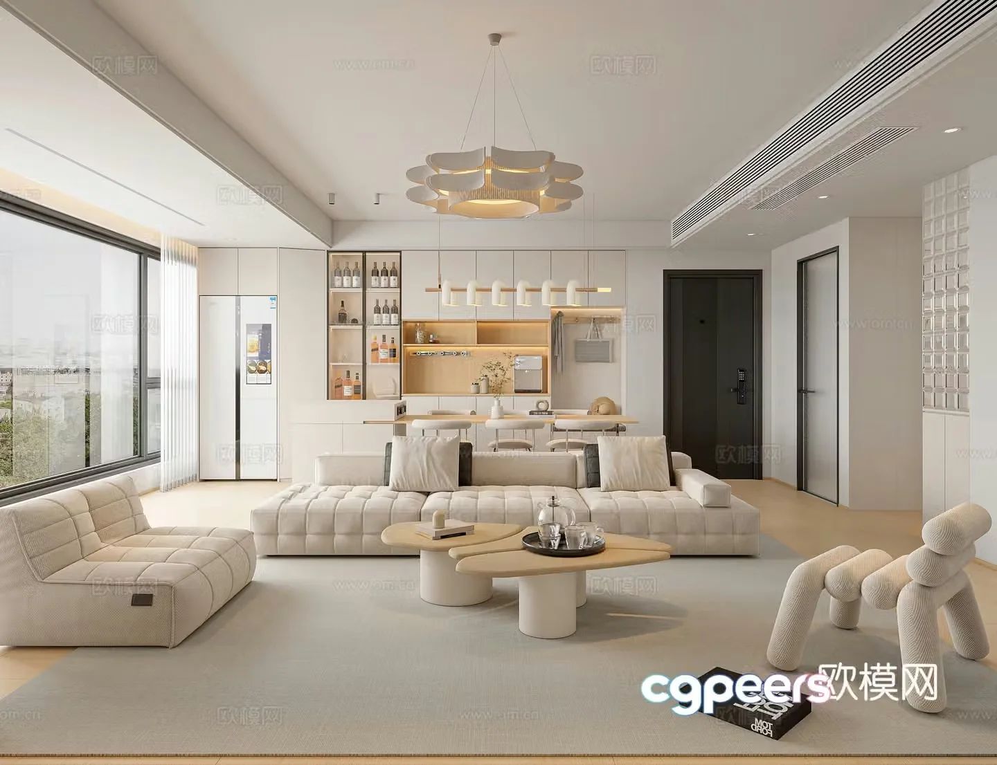 Creamy style living room combination sofa wine cabinet dining table modern living room creamy style living room 3d model
