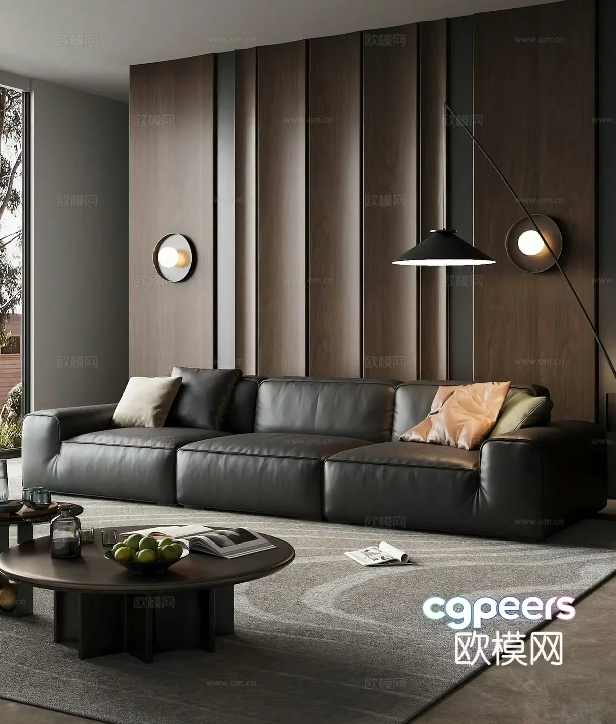 Modern light luxury home living room_European minimalist high-end living room_Big black bull three-person sofa_Coffee table carpet 3D model