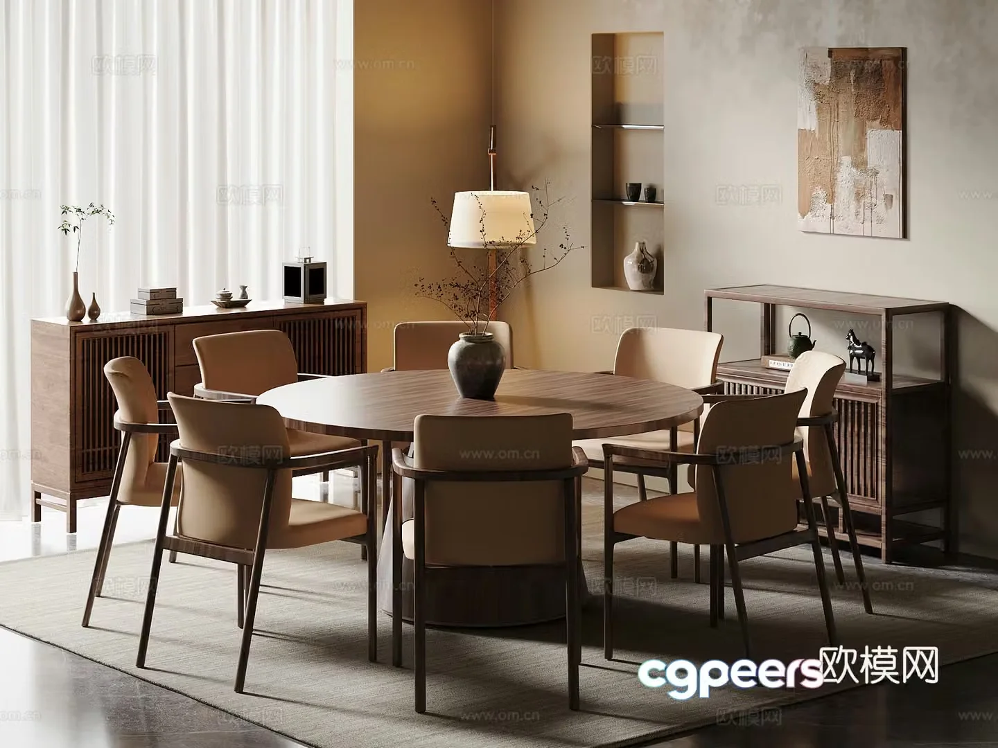 Jijifeng Restaurant Round dining table Sideboard Floor lamp 3D model