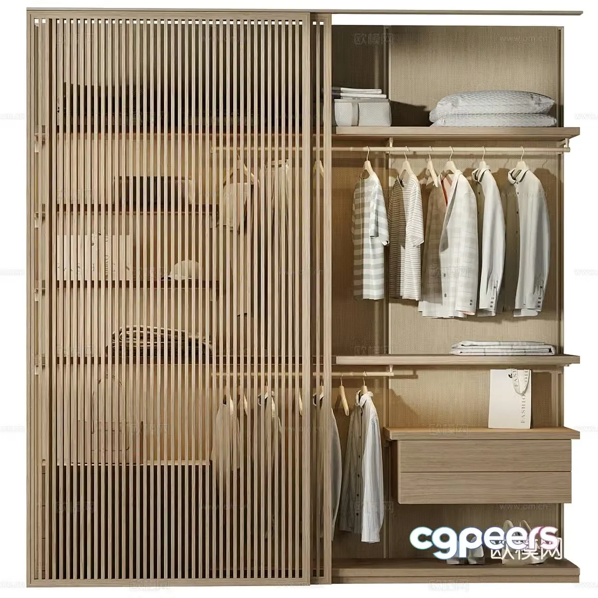New Chinese style wooden grille sliding door wardrobe 3D model
