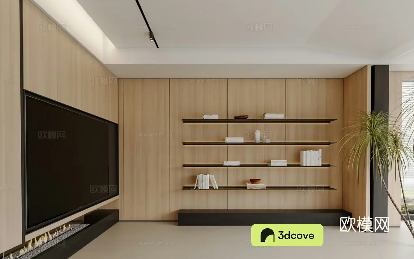 Modern TV cabinet background wall bookcase green plant
