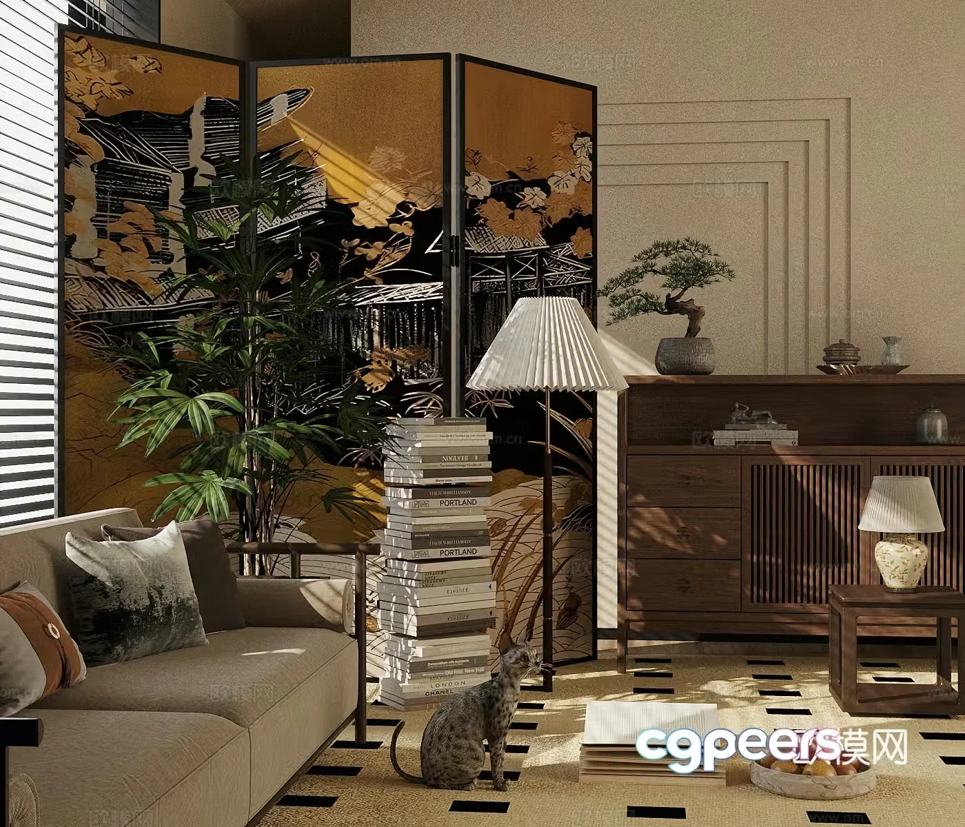 New Chinese style entrance cabinet New Chinese style entrance cabinet Screen Solid wood sofa Floor lamp Green plant ornament 3D model