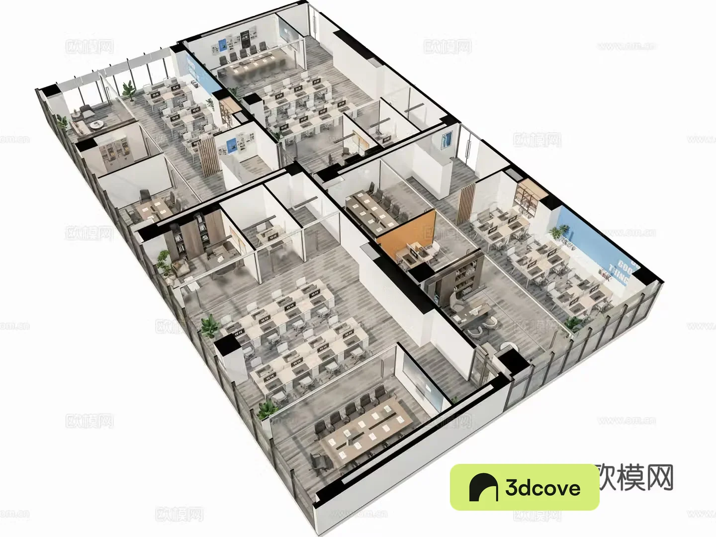 Modern office studio open office area manager office desk conference table