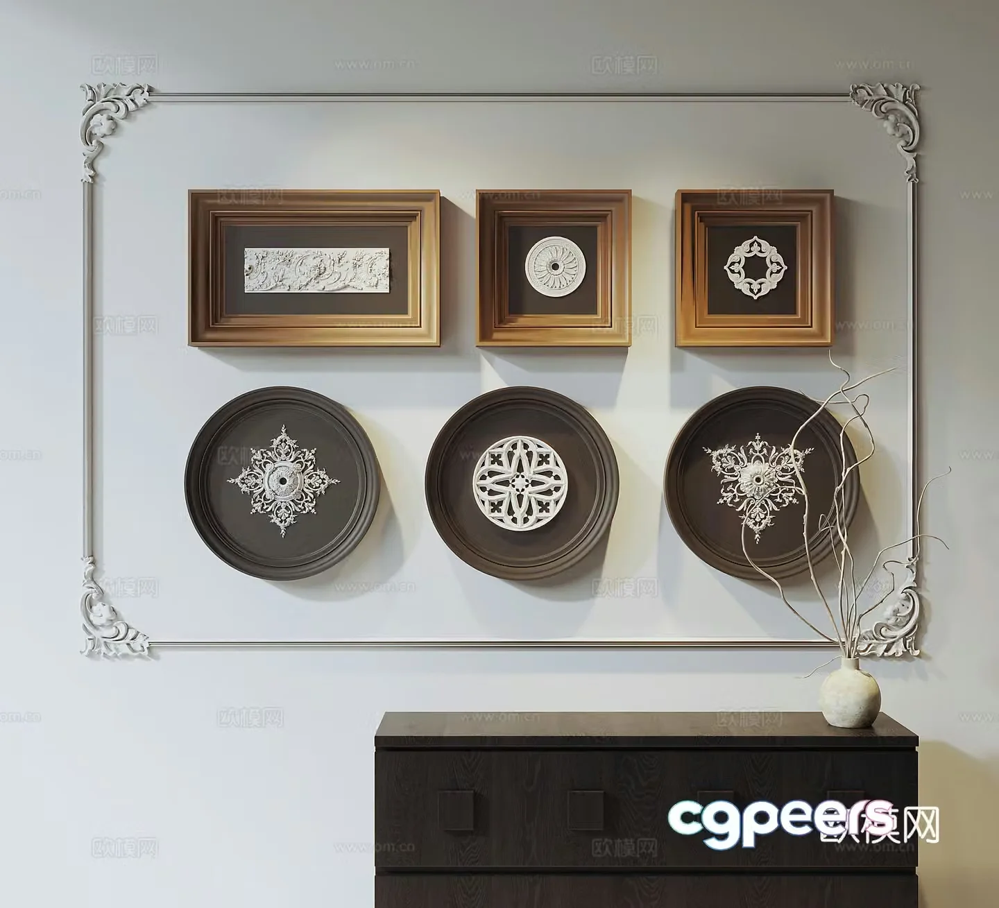 Middle-aged style decoration hanging paintings gypsum wall decorations sculpture hanging paintings photo frames pottery jar dead branches 3D model