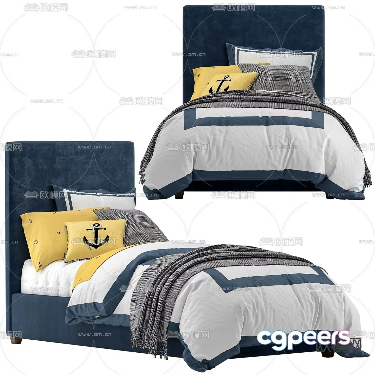 Nordic style blue single children’s bed 3D model