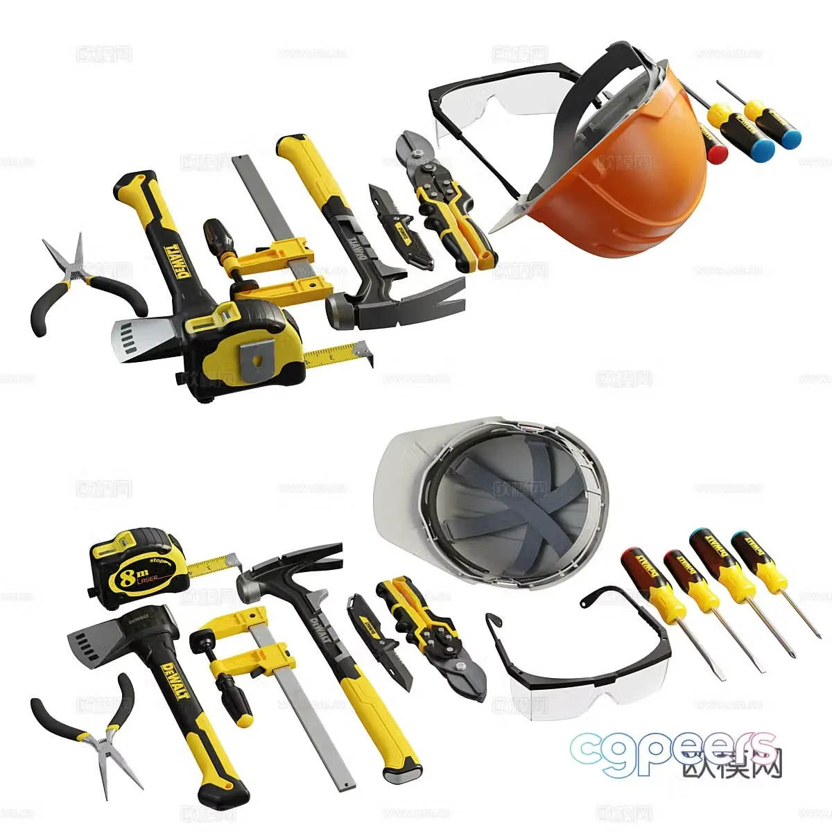 Household tools Hardware tools Hammer Screwdriver Hardhat Pliers Axe 3d model