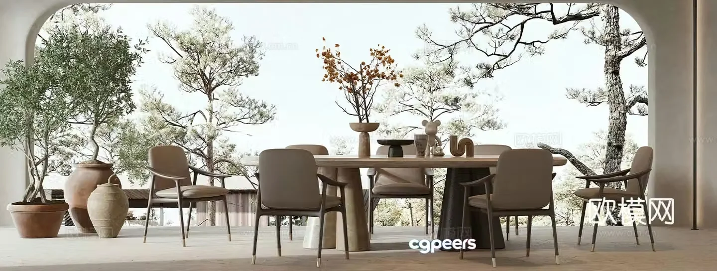 Wabi Sai Restaurant Pot Plant Retro Natural Style Living Restaurant Tea Room Tea House Tea House Modern 3D Model