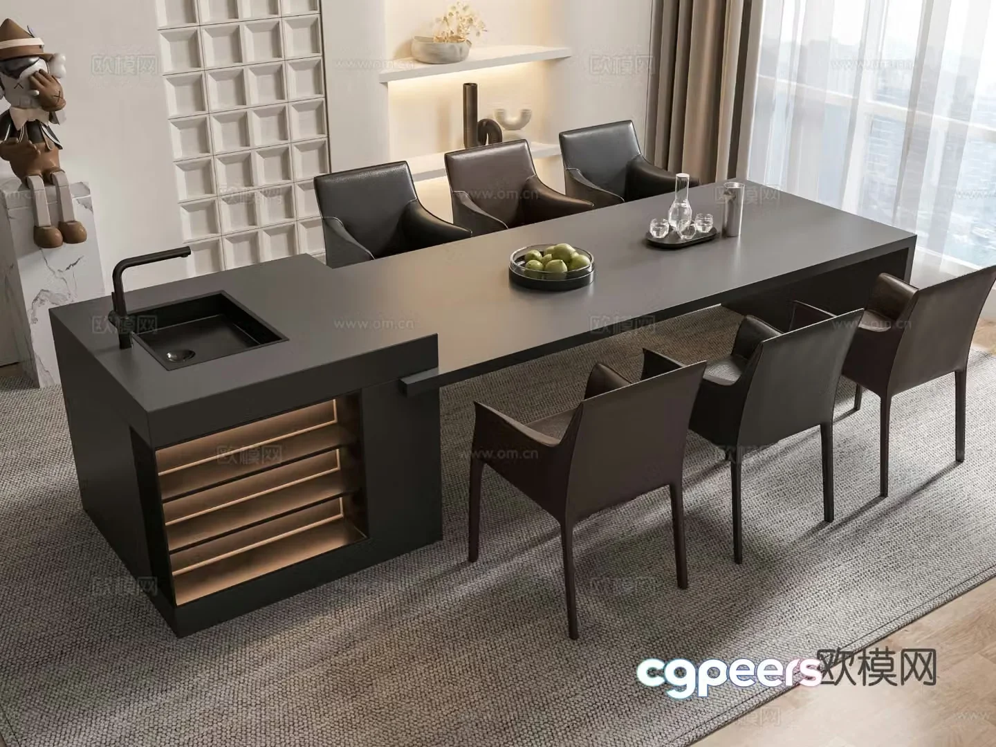 Italian island dining table and chairs 3d model