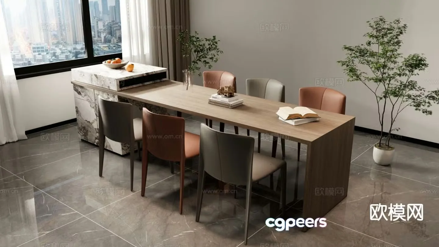 Simple dining table and chairs long dining table island dining table 3D model