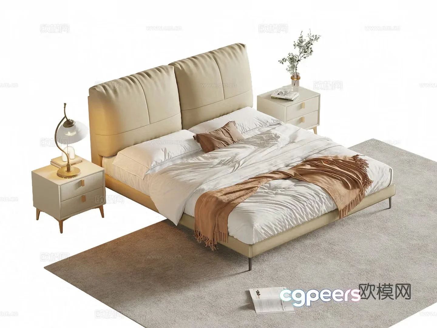 Modern cream style double bed nightstand 3d model