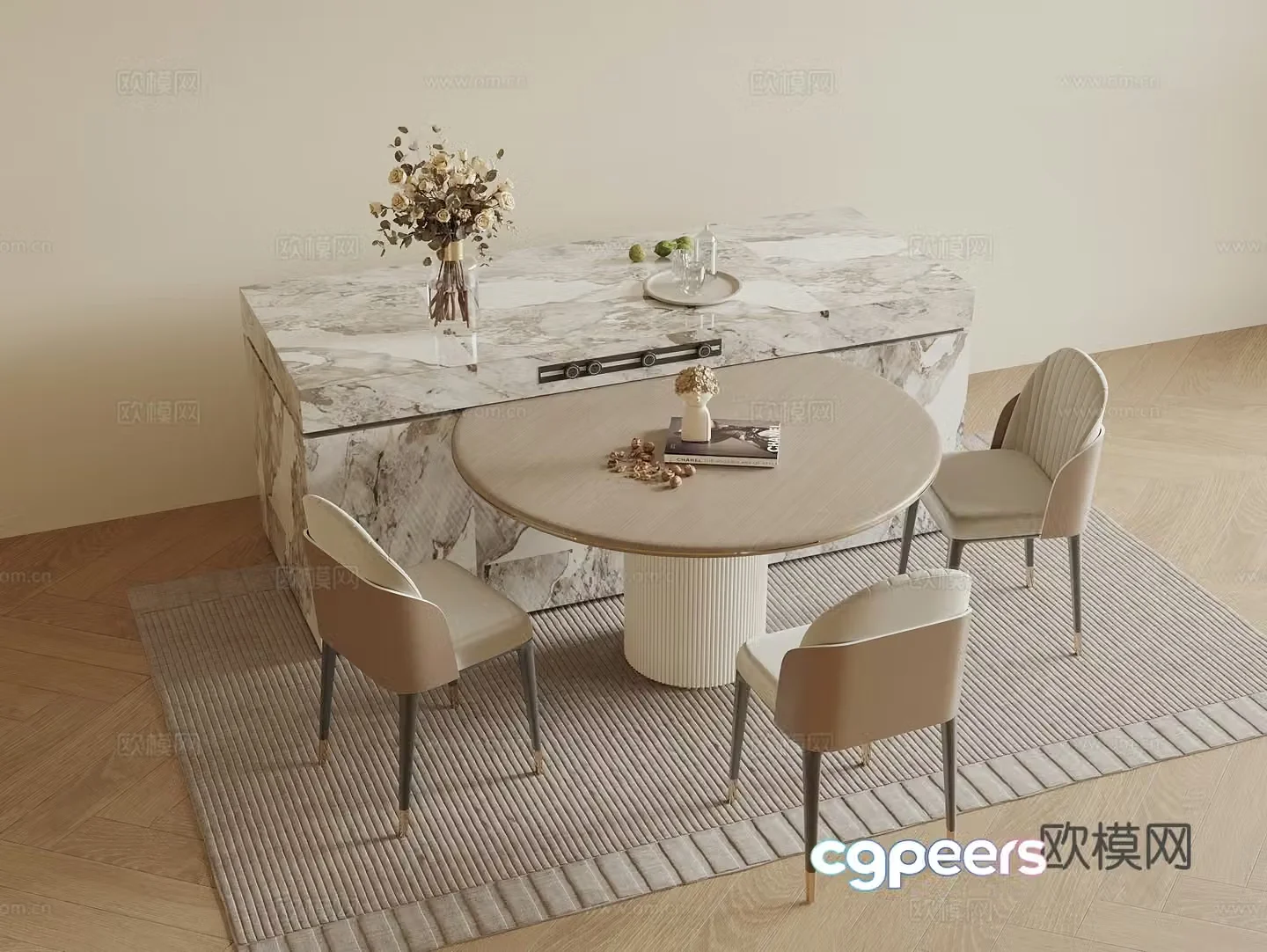 Modern island round dining table and chair 3d model