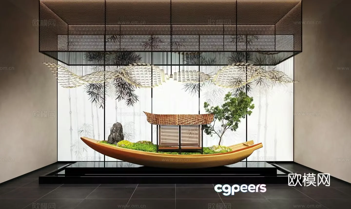 New Chinese style interior landscape landscape installation ship art installation 3d model