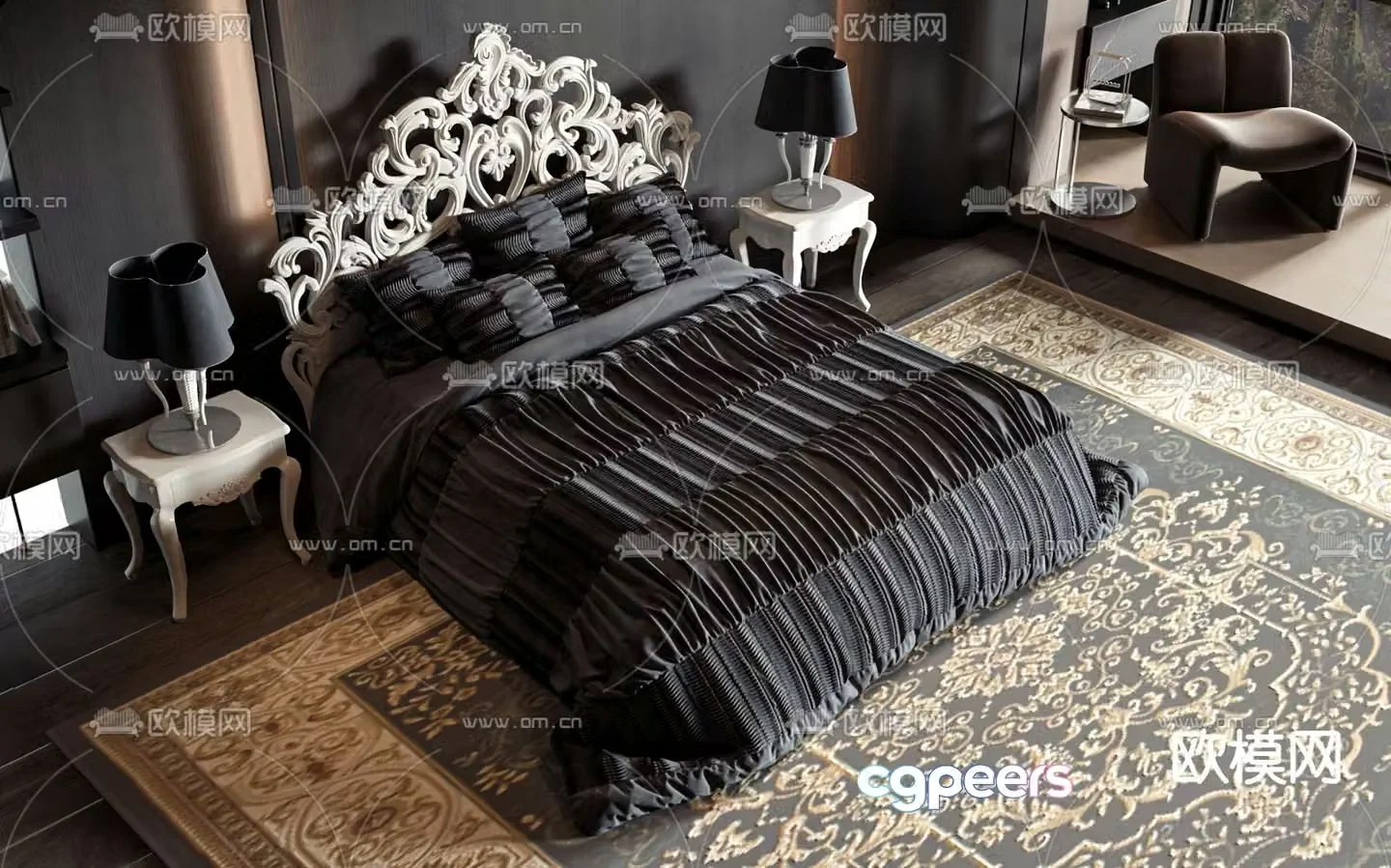 European double bed dark bed 3d model