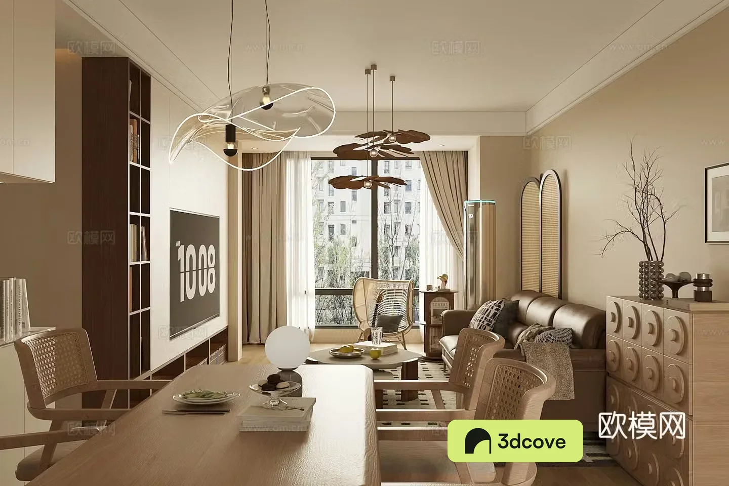 Middle style living room large flat floor living room sofa and coffee table combination middle style dining table and chair 3D model