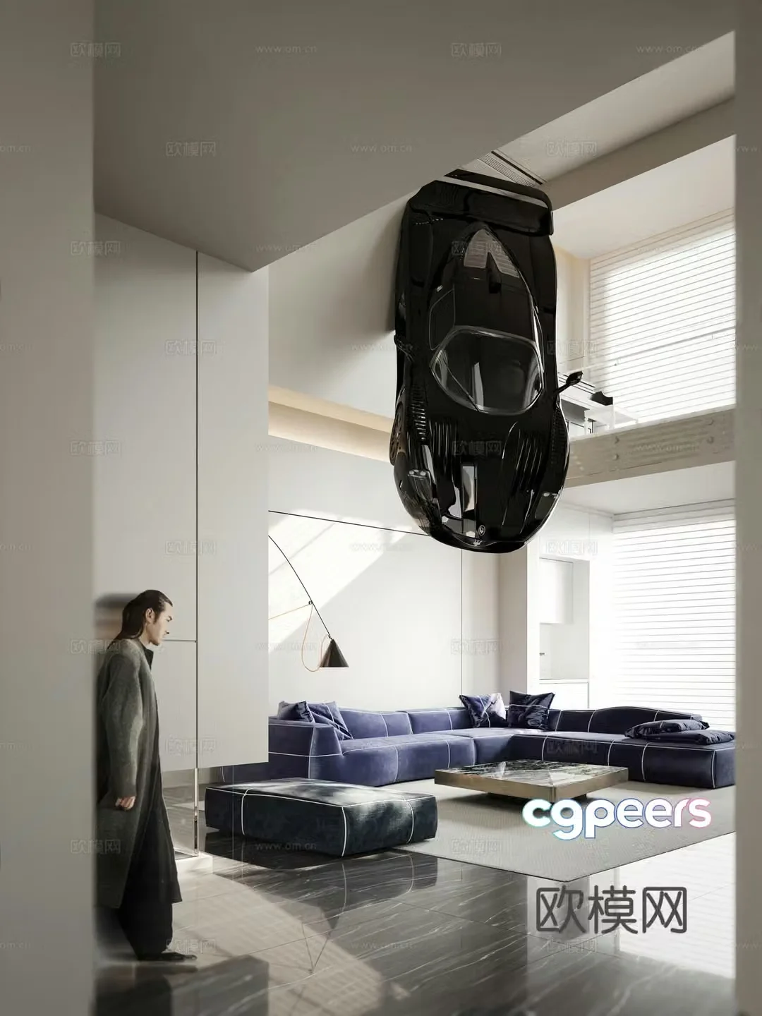 Modern minimalist villa living room sofa and coffee table combination walking people car 3d model