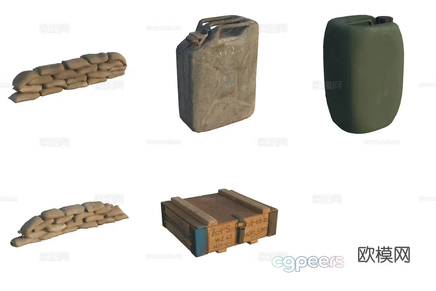 Military equipment fuel tank wooden box sandbag pile water tank 3d model