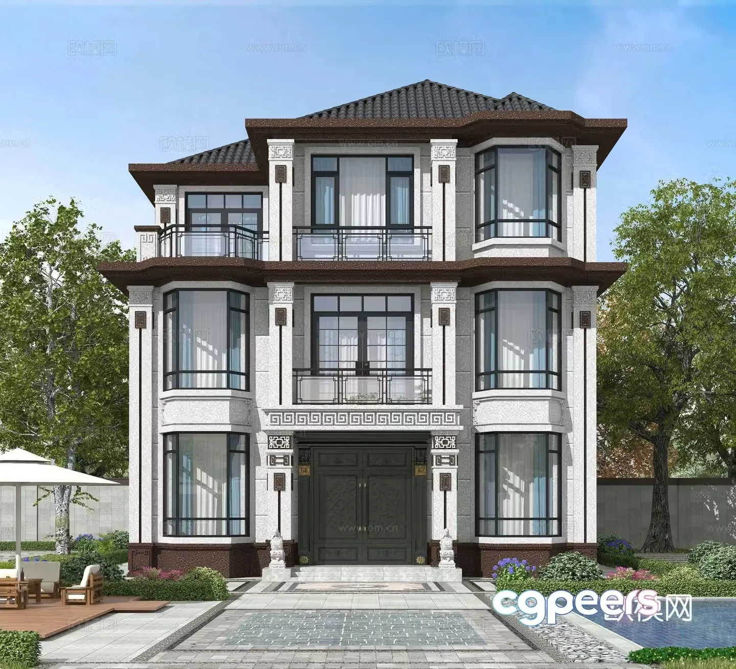 New Chinese style single-family villa appearance 3D model