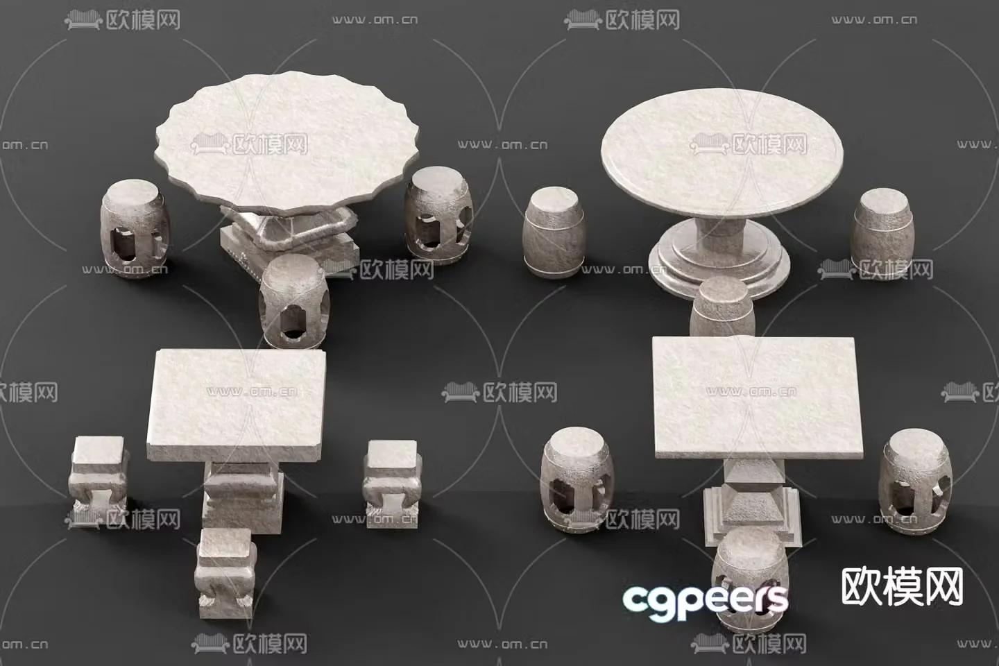 Outdoor stone bench stone table 3d model