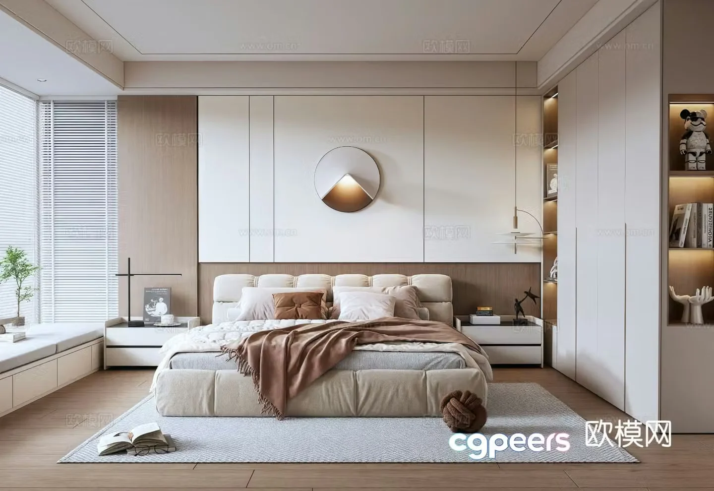 Minimalist Italian bedroom wardrobe double bed leather bed background wall bay window bedroom bedside table bed 3d model