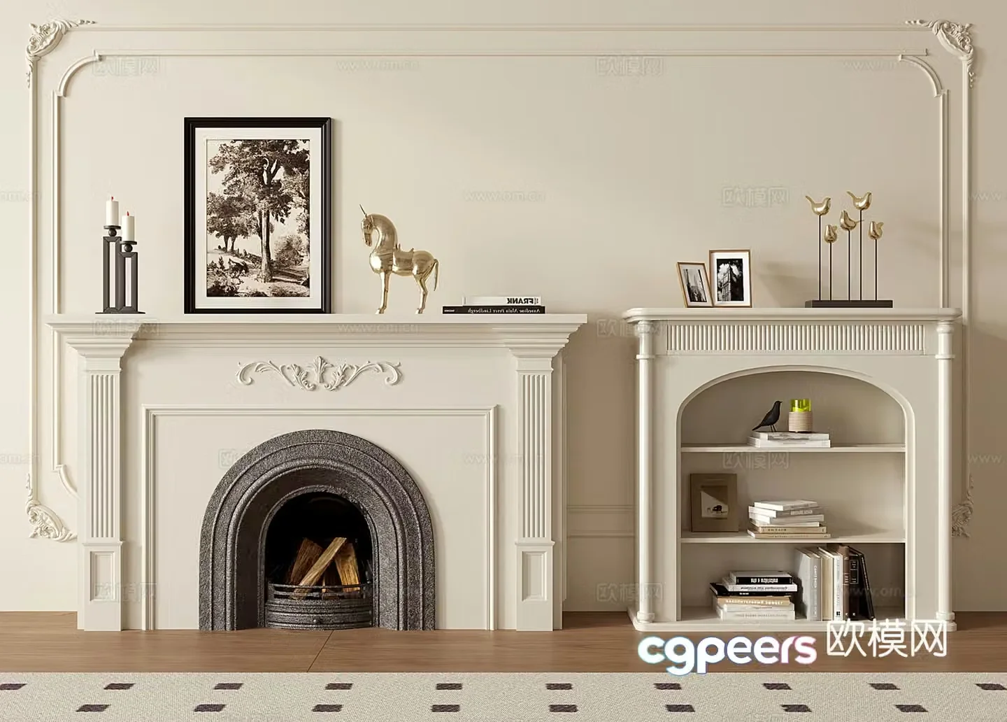 French fireplace Arched fireplace Fireplace Floor-standing shelf Bookshelf Storage cabinet 3D model