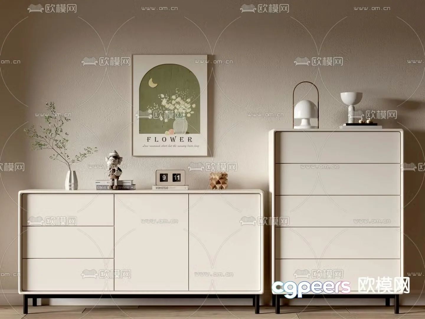 Cream style chest of drawers side cabinet 3d model