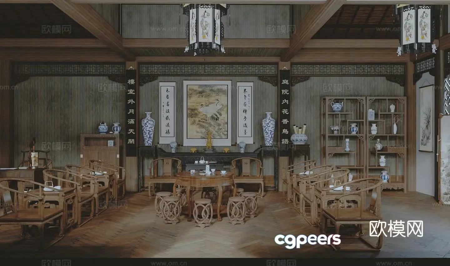 Chinese style ancestral hall Chinese style chandelier Chinese style shrine blue and white porcelain vase Taishi chair ring chair Eight immortal table 3D model
