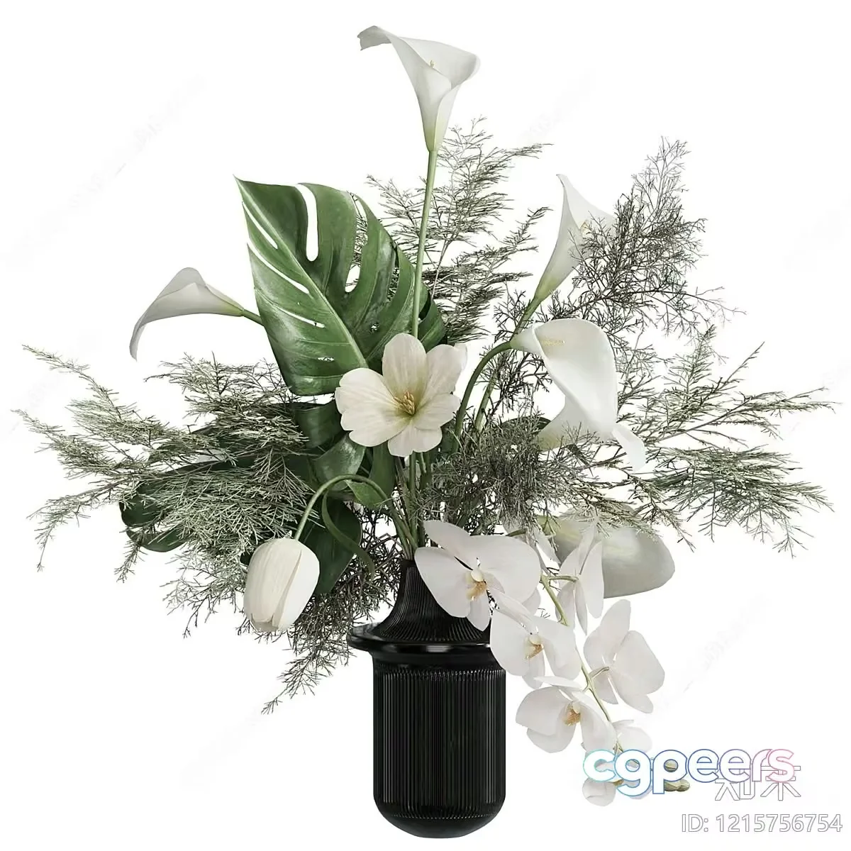 A Black Vase With White Flowers And Greenery 3D Model – 15982 – VRAY Render
