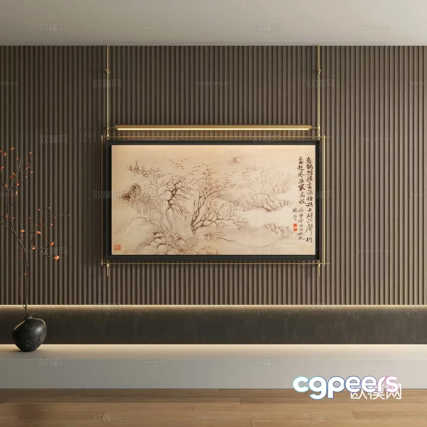 New Chinese style metal pole hanging painting ancient painting decorative painting 3D model