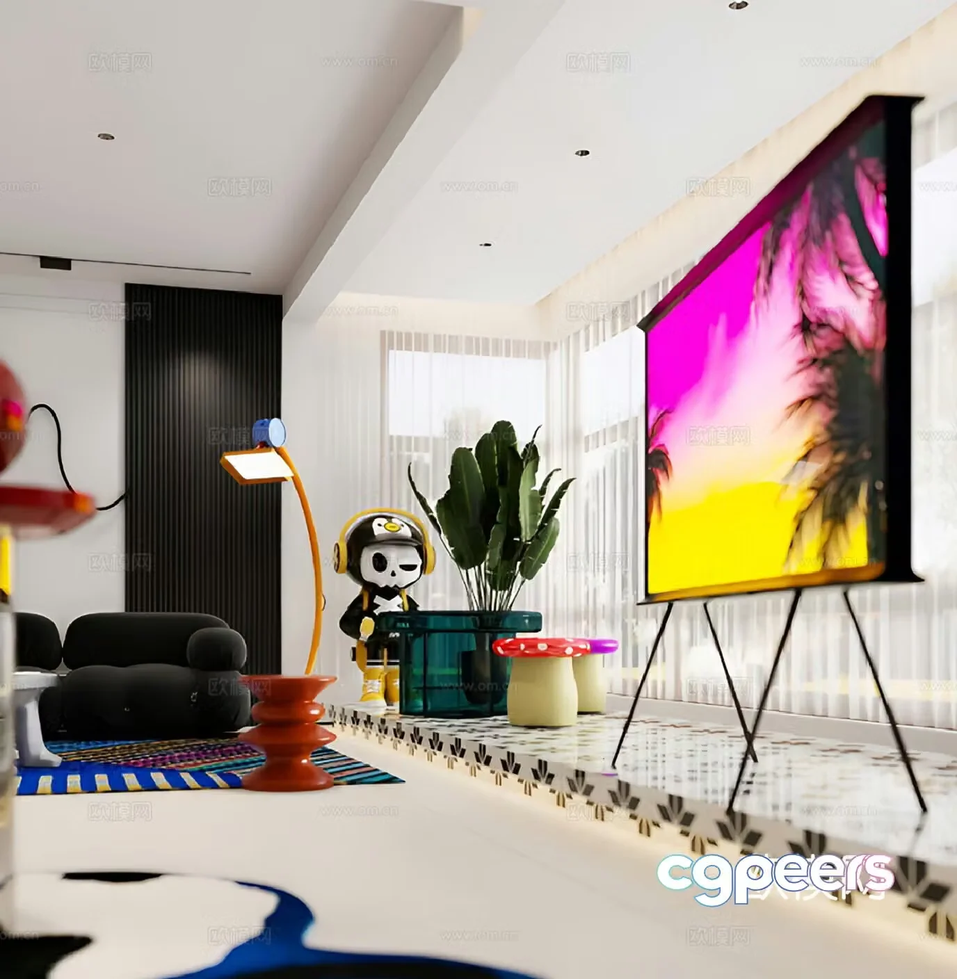 Modern Memphis Living and Dining Room 3D Model
