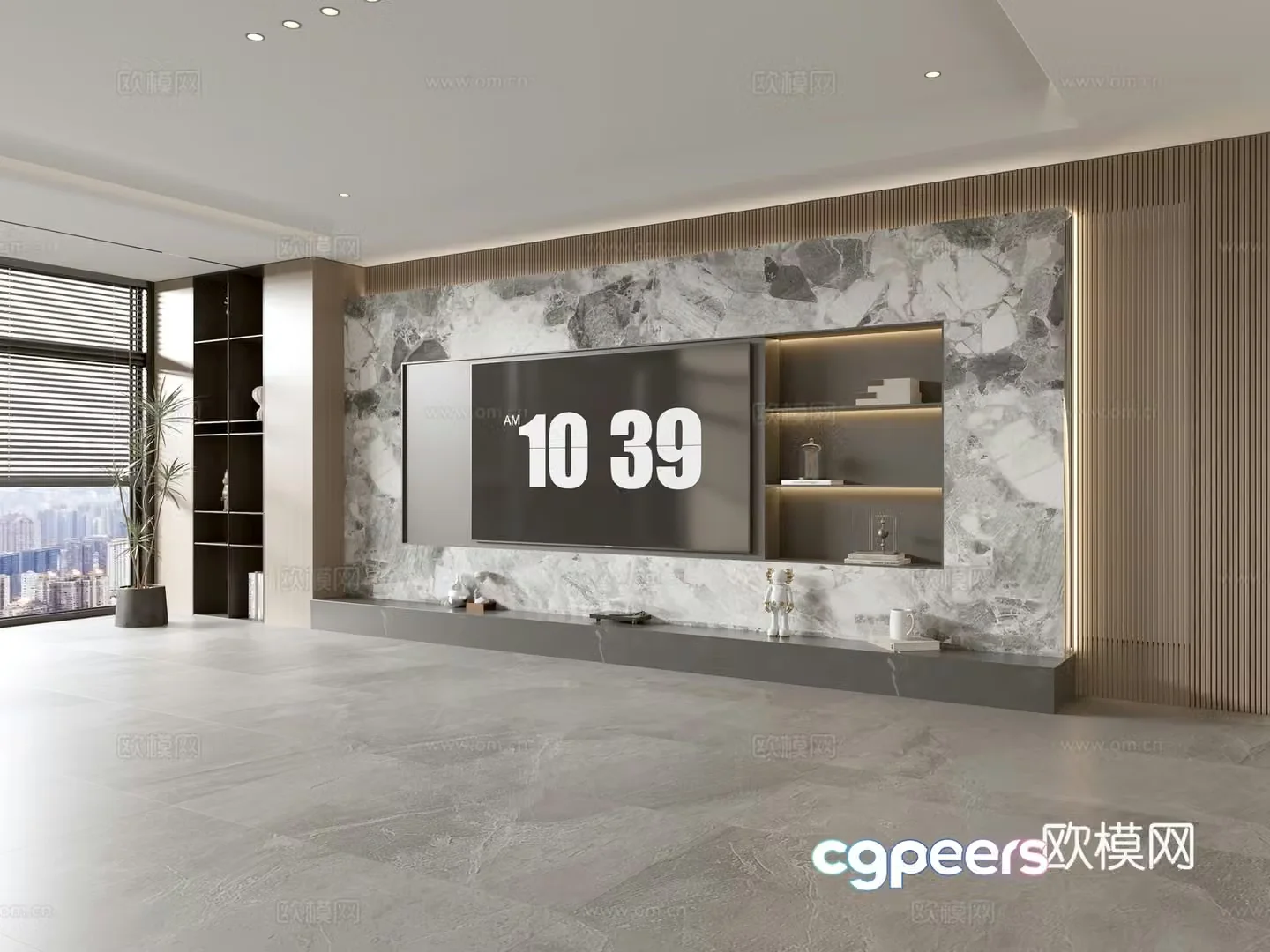 Modern Italian living room light luxury TV background wall full wall TV cabinet marble background wall 3d model