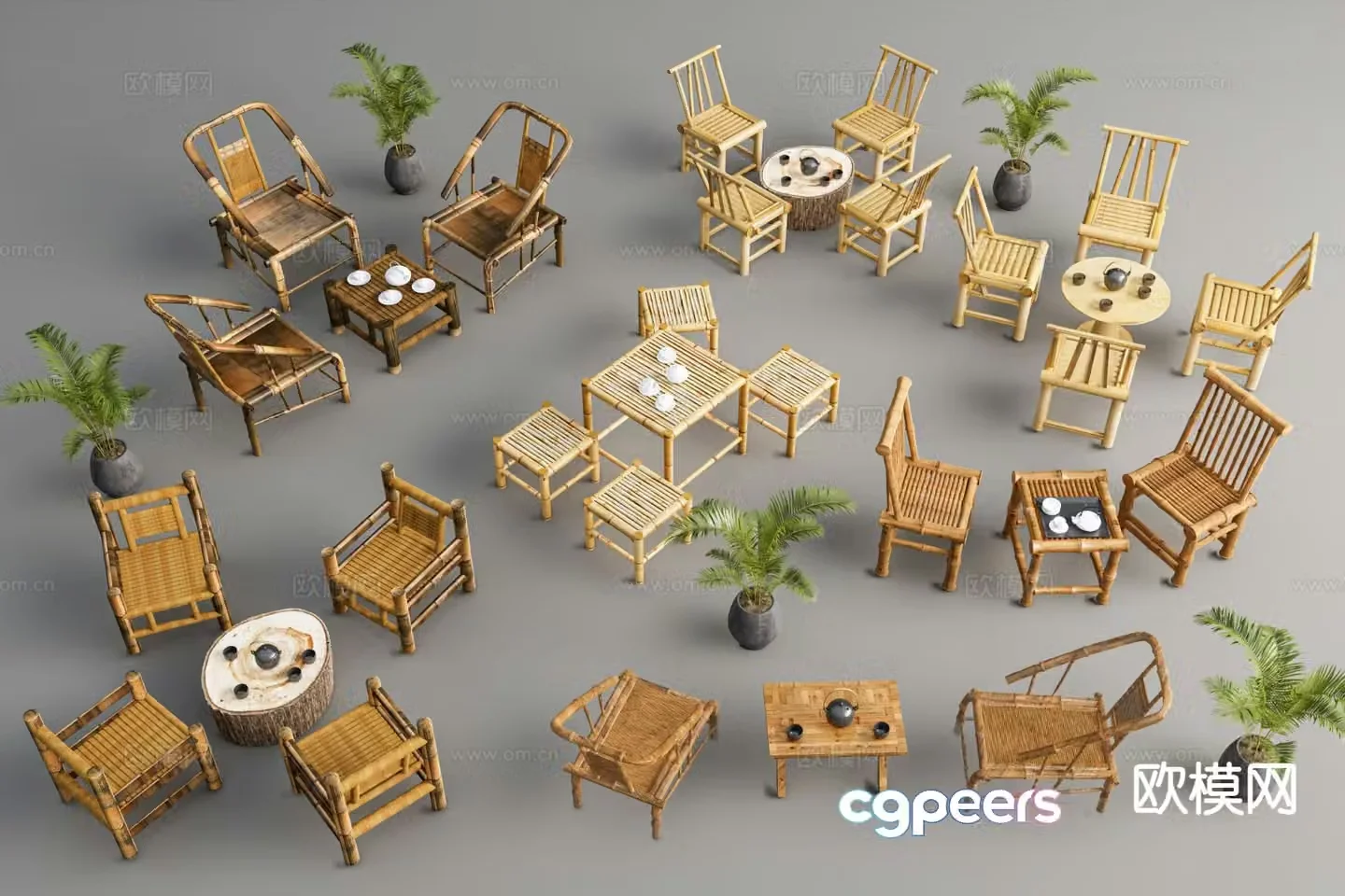 New Chinese style bamboo tables and chairs outdoor tables and chairs 3D model