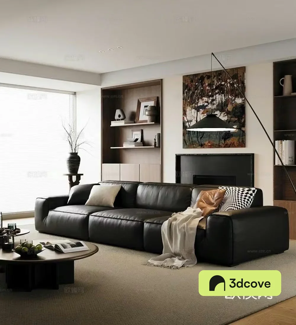 Medium-old cream home living room_Modern medium-old cream living room_Light luxury three-person sofa_Big black cow sofa 3D model