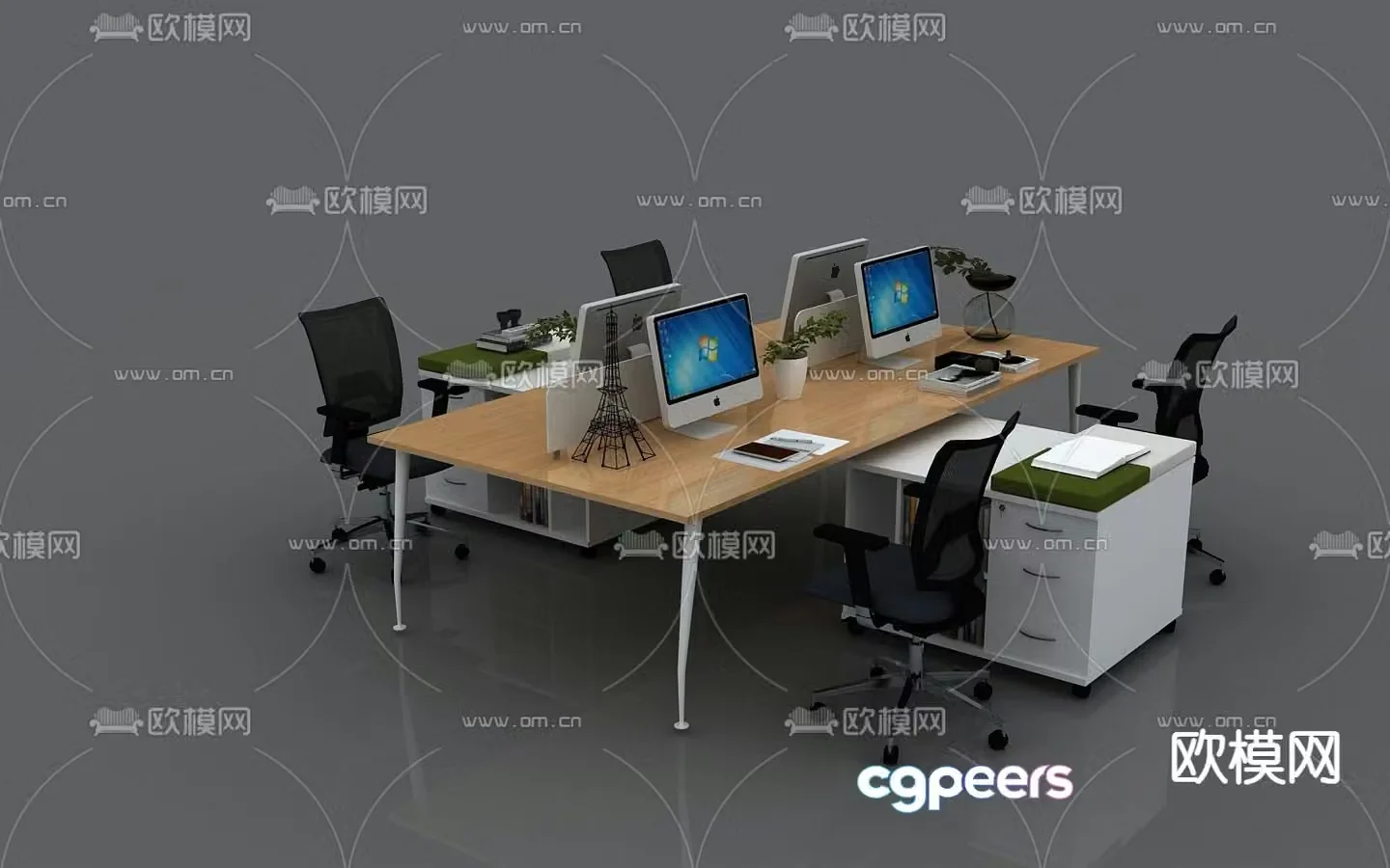 Four-seat desk with screen card 3D model