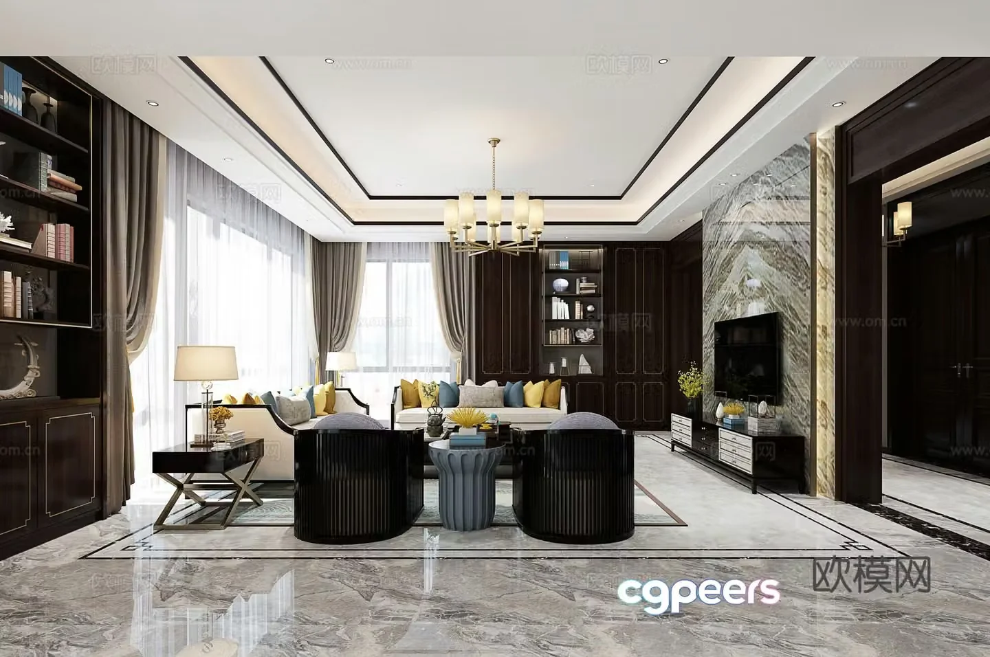New Chinese sofa combination dining table and chair chandeliers wall lamp sideboard entrance cabinet staircase 3D model
