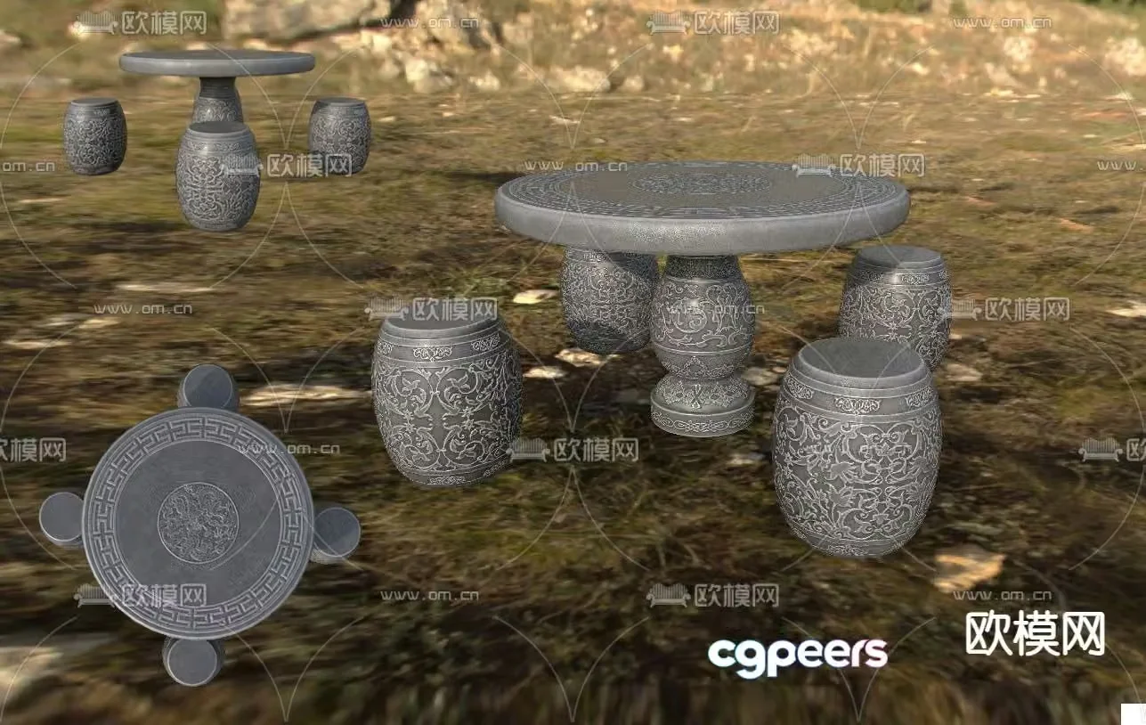 Chinese style stone table and stool round stone table 3d model