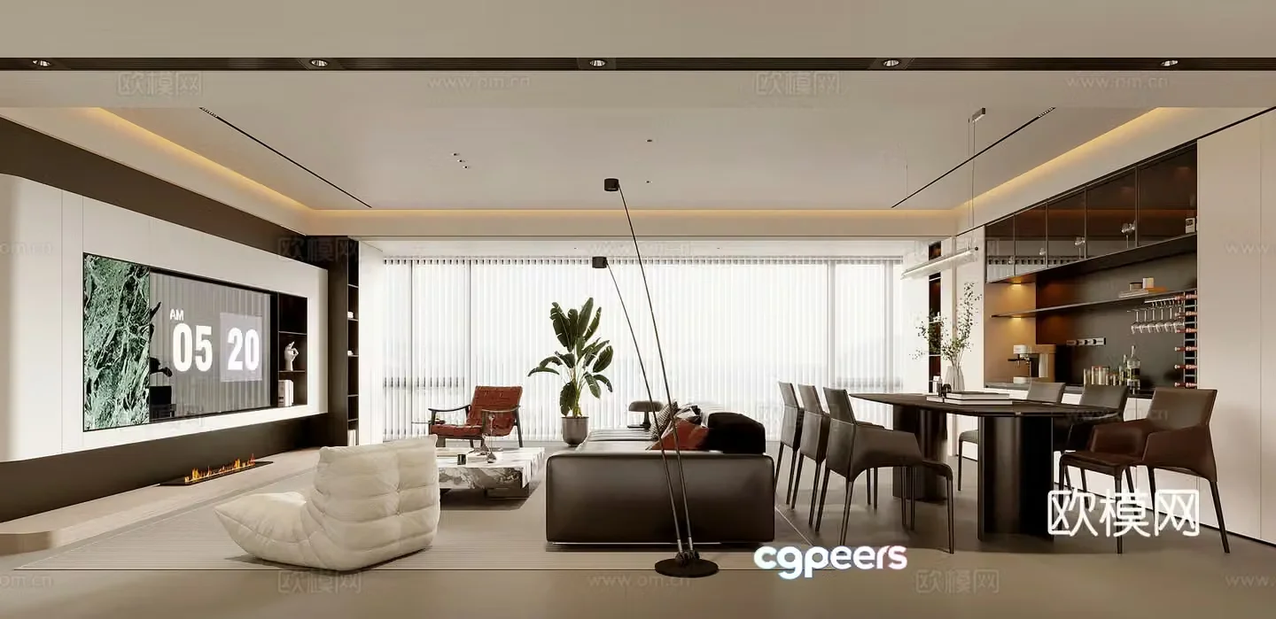 Modern living and dining room 3d model