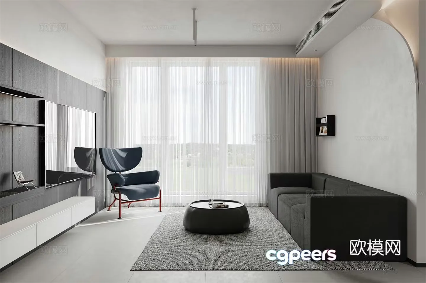 Modern minimalist living and dining room 3D model